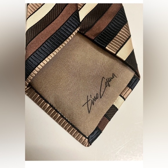 TINO Cosma Mens Silk Tie Made in Italy Stripes Brown Black Tan - Picture 2 of 5